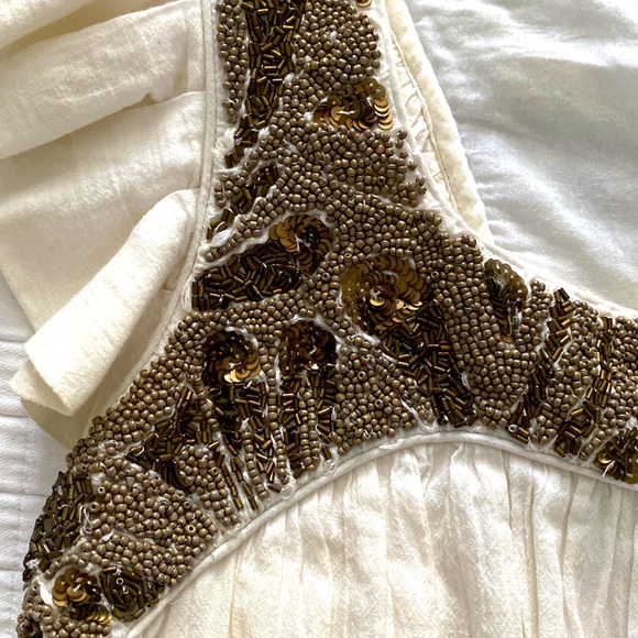 Ruffle sleeve beaded cotton dress by French Connection. Cream with bronze beads - Picture 6 of 6